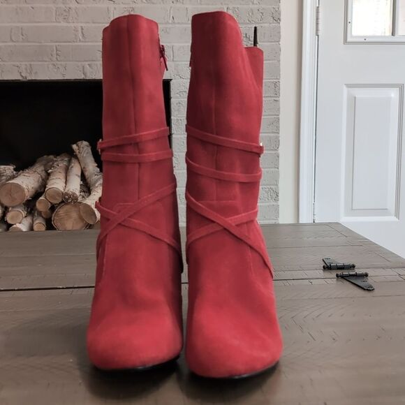 Hot In Hollywood Red Suede Heeled Boots Sz 11 - Picture 3 of 13